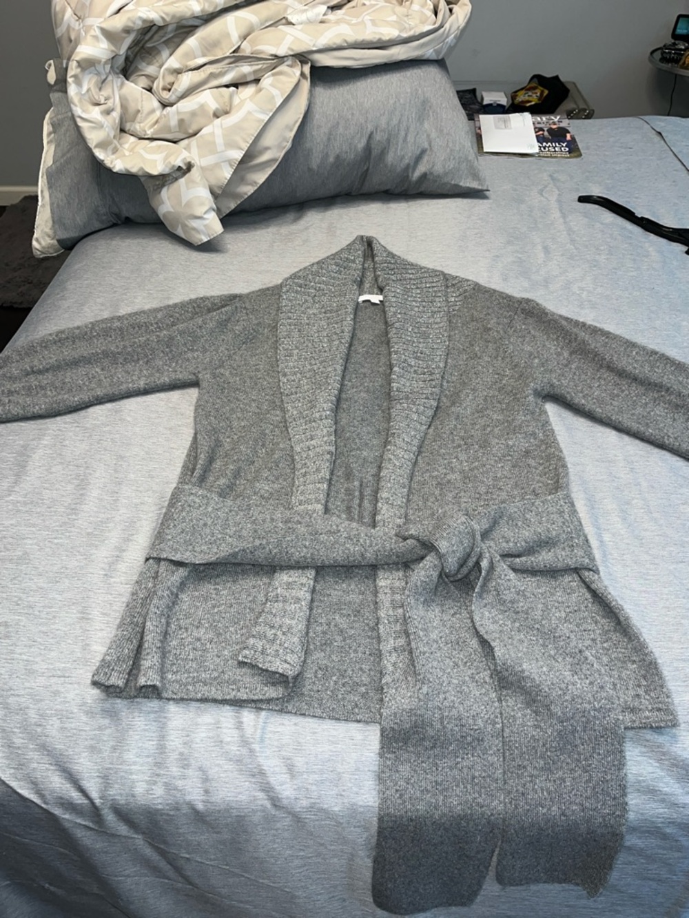 Women's Open-Front Gray Shawl Collar Cardigan Sweater - Picture 6 of 9